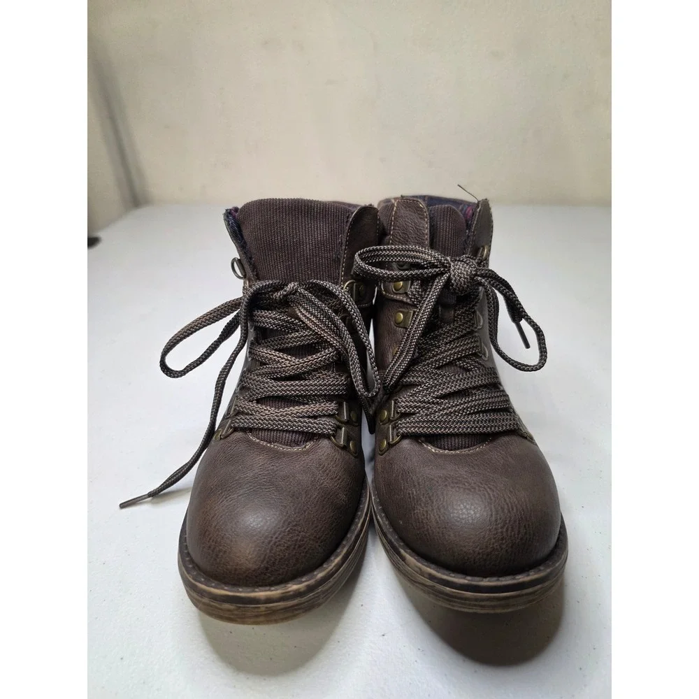 Sugar Womens Brown Lace Up Ankle Boots Plaid Lined Star Tread Size 6.5